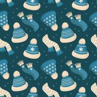 Knitted winter hats and scarves with snowflake ornament on a white background. Christmas print, background, vector