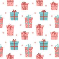 Seamless pattern, beautiful gift boxes with ribbons on a white background. Print, holiday packaging, vector