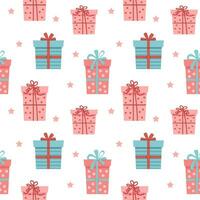 Seamless pattern, beautiful gift boxes with ribbons on a white background. Print, holiday packaging, vector