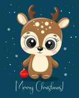Christmas cartoon deer with Christmas toy on a blue background of snowflakes. Christmas card, print, vector
