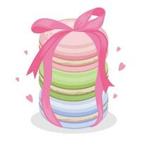 French macaroons tied with a festive ribbon. Pastel colors. Cafe and pastry shop design, poster, vector