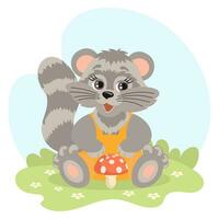 Cute cartoon baby raccoon with fly agaric in a meadow with daisies. Illustration in flat style. Children's card. Vector