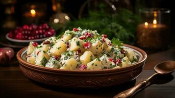 Navidad patata ensalada en un lámina. generativo ai foto