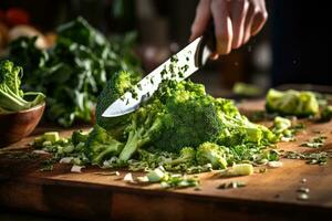 Cutting broccoli on a cutting board. Generative AI photo