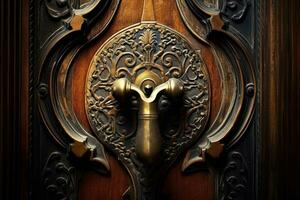 Ancient door handle on old door. Generative AI photo