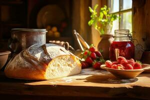 Homemade bread and strawberry jam. Generative AI photo