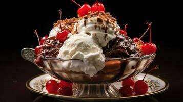 Ice cream with cherry in a bowl. Generative AI photo