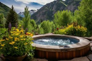 Luxury hot tub outdoor wiht mountain. Generative AI photo