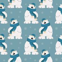 Seamless pattern, cute cartoon polar bear in a scarf and hat on a background of snowflakes. Print, textile, vector