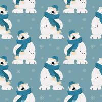 Seamless pattern, cute cartoon polar bear in a scarf and hat on a background of snowflakes. Print, textile, vector