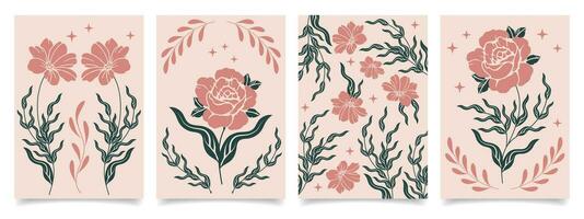 Set of floral posters in boho style. Collection of retro cards with mystical flowers. Vector