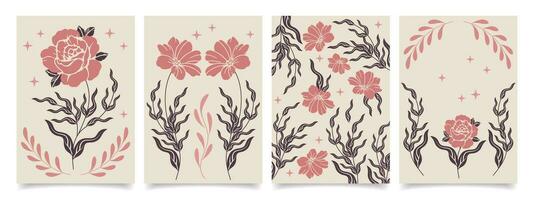 Set of floral posters in boho style. Collection of retro cards with mystical flowers. Vector