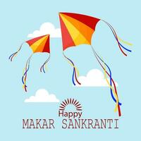 Happy Makar Sankranti, colorful kite in the sky with clouds. Hindu holiday card, vector