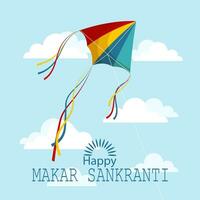 Happy Makar Sankranti, colorful kite in the sky with clouds. Hindu holiday card, vector