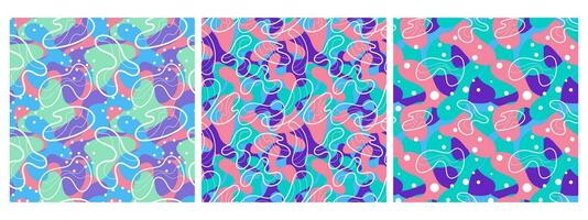 Set of multicolor abstract seamless pattern, vibrant shapes and geometric dot patterns. Trendy design 80s-90s style, ethnic hipster background. Vector
