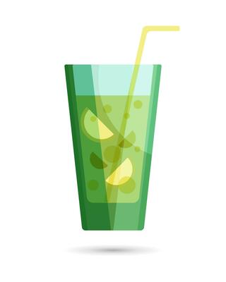Glass with mojito, lemon slices, mint leaves and straw. Drink icon, illustration, vector