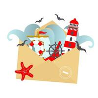 Nautical illustration, postal envelope with sea waves, lighthouse, lifebuoy and seagulls. Illustration, vector