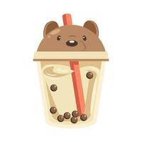 A glass of milkshake with a bear. Drink icon, cartoon flat illustration, vector