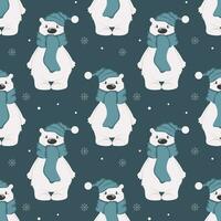 Seamless pattern, cute cartoon polar bear in a scarf and hat on a background of snowflakes. Print, textile, vector