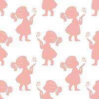 Seamless pattern, pink silhouettes of a cute little girl with a butterfly in her hands. Print, background, vector