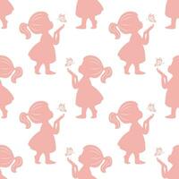 Seamless pattern, pink silhouettes of a cute little girl with a butterfly in her hands. Print, background, vector