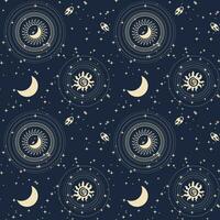 Seamless astrological pattern in boho style, golden mystical esoteric symbols of the moon, sun, stars on a dark background. Print, astronomical background. Vector