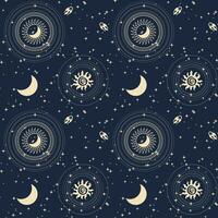 Seamless astrological pattern in boho style, golden mystical esoteric symbols of the moon, sun, stars on a dark background. Print, astronomical background. Vector