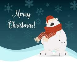Merry Christmas greeting card, cute cartoon polar bear in a scarf and hat on a background of snowflakes. Print, vector