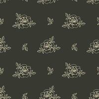 Seamless pattern, golden contour rose flowers on a dark background. Print, floral background, textile. Vector