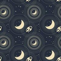 Seamless astrological pattern in boho style, golden mystical esoteric symbols of the moon, sun, stars on a dark background. Print, astronomical background. Vector