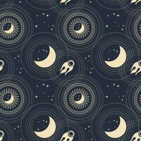 Seamless astrological pattern in boho style, golden mystical esoteric symbols of the moon, sun, stars on a dark background. Print, astronomical background. Vector