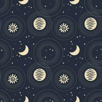 Seamless astrological pattern in boho style, golden mystical esoteric symbols of the moon, sun, stars on a dark background. Print, astronomical background. Vector