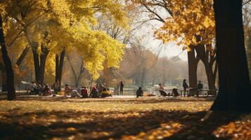 grupo de personas relajante entre arboles en ciudad parque. generativo ai foto