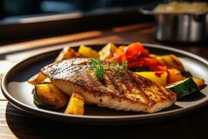 Grilled fish fillet with vegetables on a plate. Generative AI photo