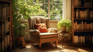 un acogedor leyendo habitación con un Sillón y un estante para libros y un grande ventana. generativo ai foto