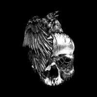 skull and crow dead metal illustration, horror ink art vector