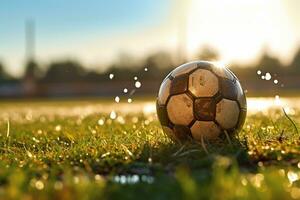 Traditional soccer ball resting on grass. Generative AI photo