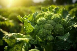 Large head of broccoli ready for harvest in the garden. Generative AI photo