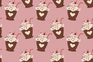 Seamless pattern of abstract dessert in cup with straw and confectionery decoration. Happy Cake day vector