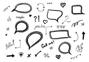 Doodle set of speech bubbles and arrows in comic hand drawn style. dialog windows and phrases, hello, yes, no. maybe, call me.Collection of curved pointers, stars and hearts. Vector illustration.