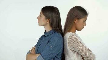 dos hembra amigos en pie espalda a espalda mirando enojado después teniendo un lucha video