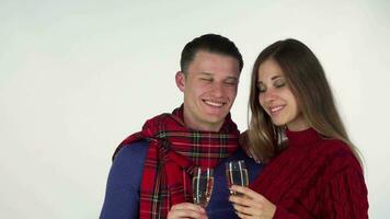 Happy couple in winter clothing celebrating something, clinking champagne glasses video