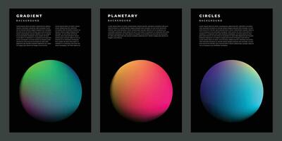 Colorful circle gradient mesh poster or banner design set. Planetary and space themed background template. Vibrant rounded ornament on dark backdrop. vector