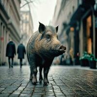 Urban Encounter Boar in the City   generative ai photo