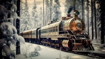 retrofuturista Steampunk tren en medio de siberiano congelado bosque generativo ai foto