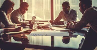 Business meeting at a large table, solving work issues, brainstorming, negotiations - AI generated image photo