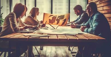 Business meeting at a large table, solving work issues, brainstorming, negotiations - AI generated image photo