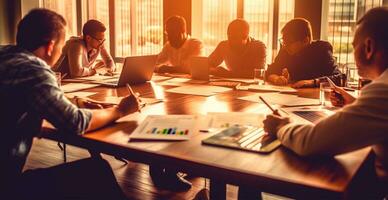 Business meeting at a large table, solving work issues, brainstorming, negotiations - AI generated image photo