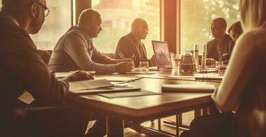 Business meeting at a large table, solving work issues, brainstorming, negotiations - AI generated image photo