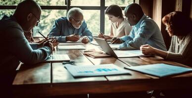 Business meeting at a large table, solving work issues, brainstorming, negotiations - AI generated image photo